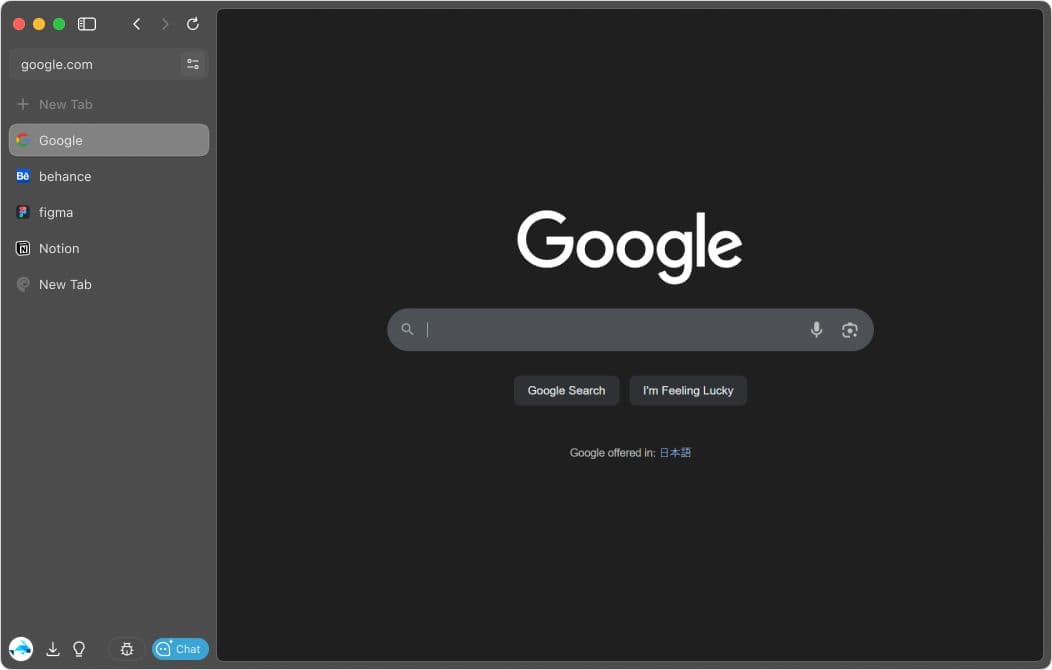 Phi Browser in dark mode showing Google's homepage with a search bar and sidebar tabs including Behance, Figma, and Notion.