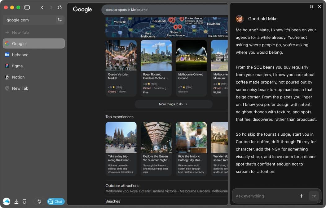 Phi Browser showing Google search results for "popular spots in melbourne" alongside an AI chat panel with personalized travel recommendations.