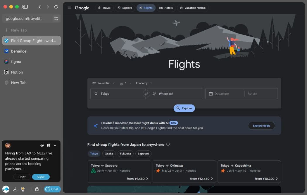 Phi Browser on Google Flights searching LAX to Melbourne (MEL), with an AI assistant popup proactively saying "Flying from LAX to MEL? I've already started comparing prices across booking platforms…" and Chat/View buttons.