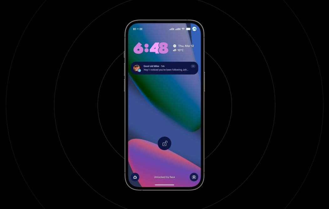 Smartphone mockup showing a chat with "Good old Mike" overlaid on an article, with a proactive AI notification popup appearing on screen.